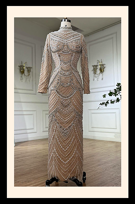 Mock Neck Beaded Evening Long Dress