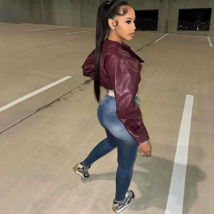 Pu Material Crop Jacket Top