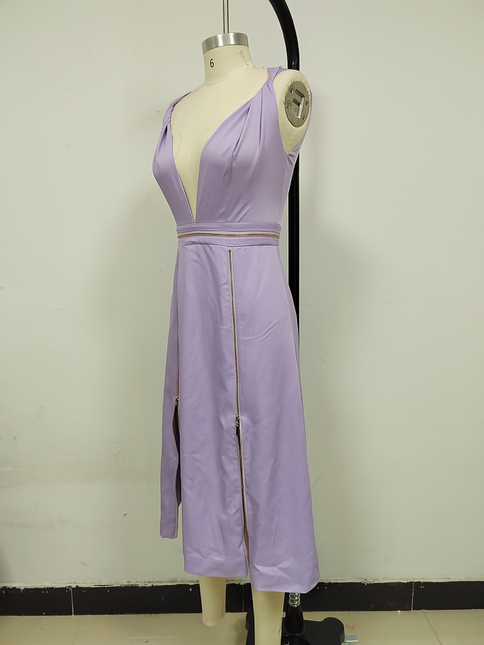 Plunging Neck Zipped Dress