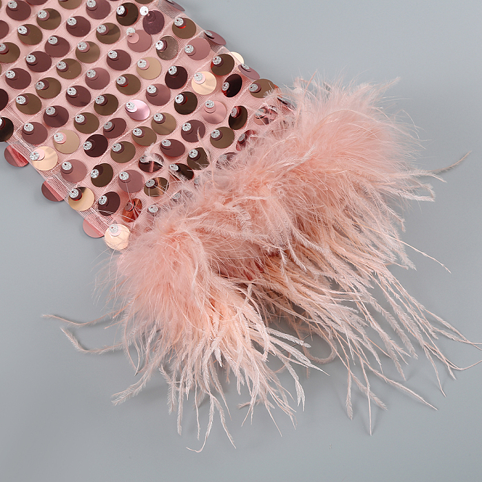 Sequins Feather Hem Mini Evening Dress