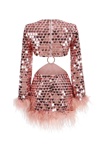Sequins Feather Hem Mini Evening Dress