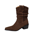 Slouch Mid-calf Boots with Pointed Toes and Block Heel.