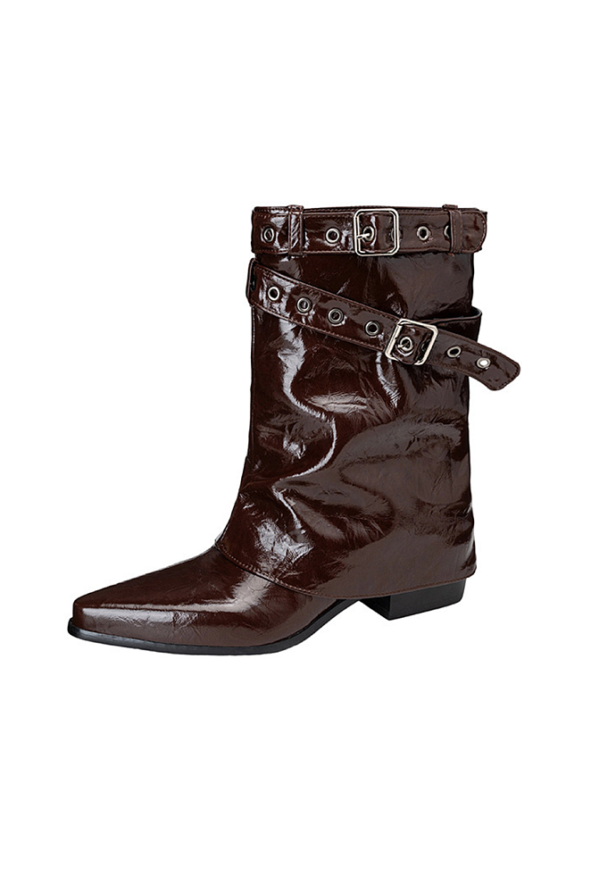 Pointed Toes Patent leather Mid-calf Boots with Double Buckle Straps