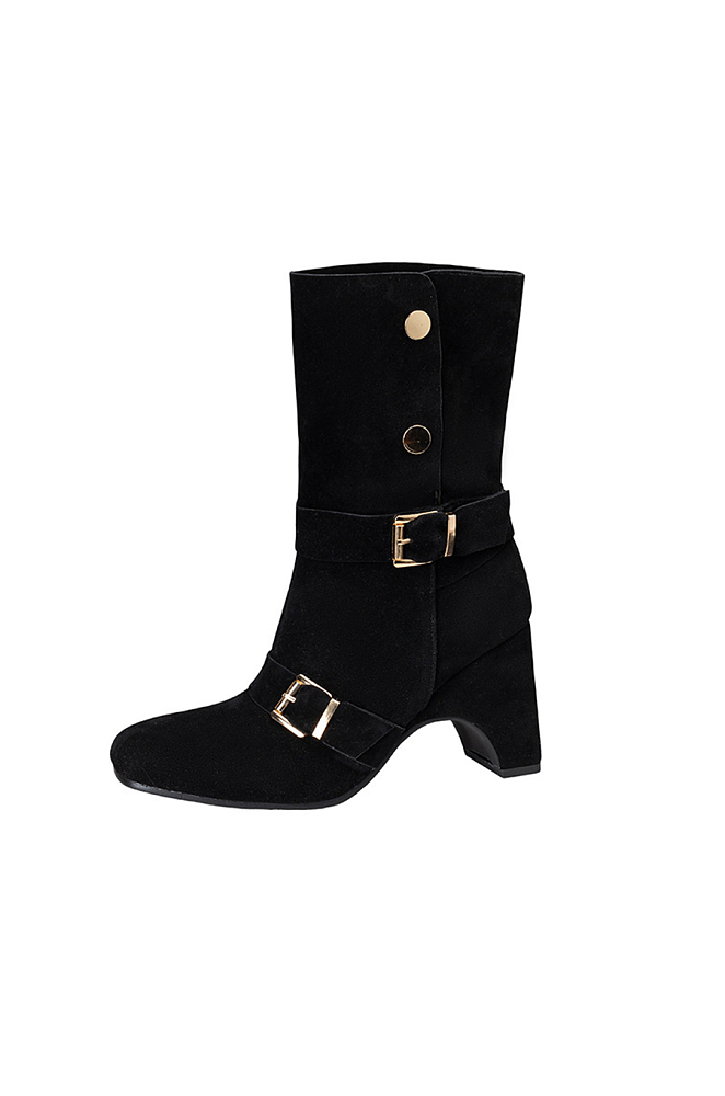 Mid-calf Boots with Button and Buckle Strap
