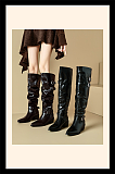 Knee-high Leather Boots with Triple Buckle Straps and Pointed Toes