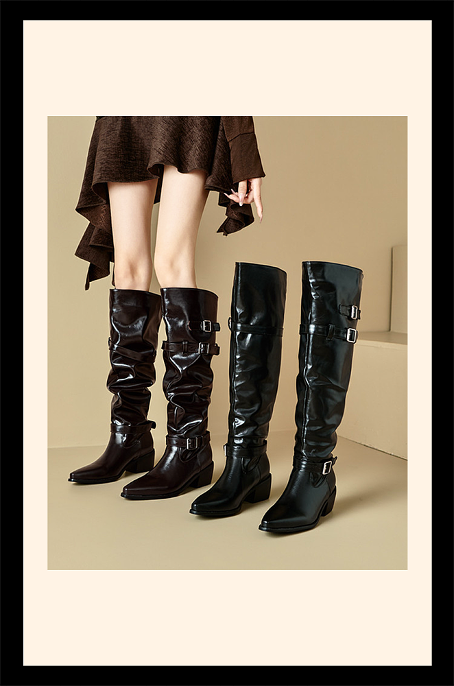 Knee-high Leather Boots with Triple Buckle Straps and Pointed Toes