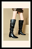 Knee-high Leather Boots with Triple Buckle Straps and Pointed Toes