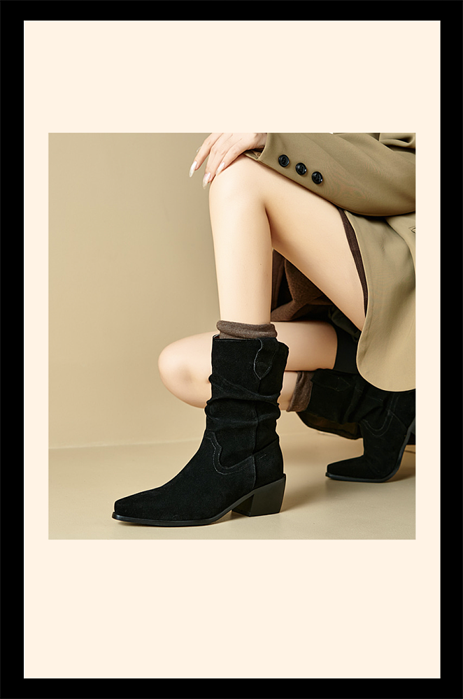 Slouch Mid-calf Boots with Pointed Toes and Block Heel.