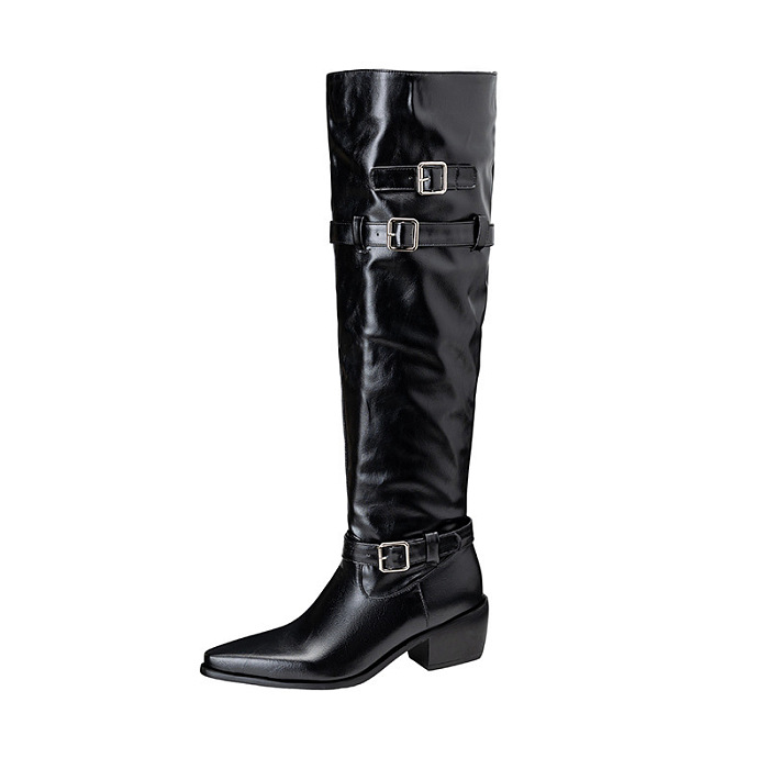 Knee-high Leather Boots with Triple Buckle Straps and Pointed Toes
