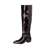 Knee-high Leather Boots with Triple Buckle Straps and Pointed Toes