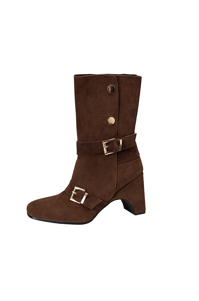 Mid-calf Boots with Button and Buckle Strap