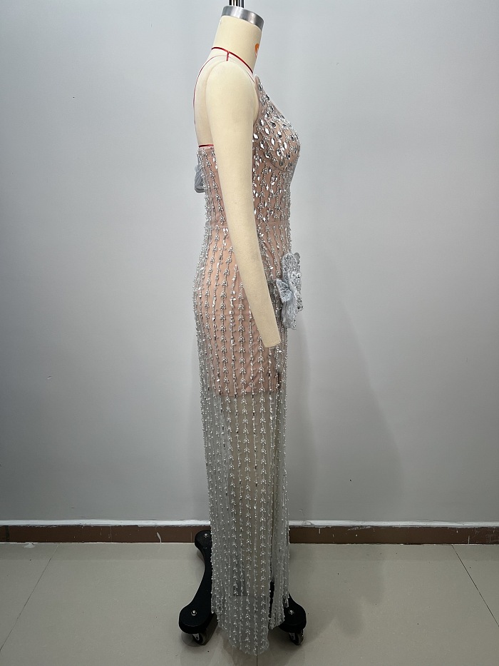 Beaded Evening Dress in Flower Detail