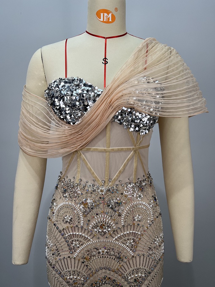 Strapless Mesh Sequins Gown