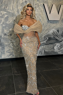 Strapless Mesh Sequins Gown