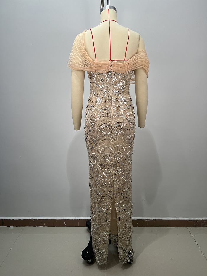 Strapless Mesh Sequins Gown