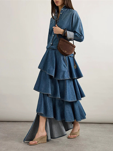 Denim Pleated Skirt Set