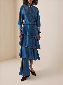 Denim Pleated Skirt Set