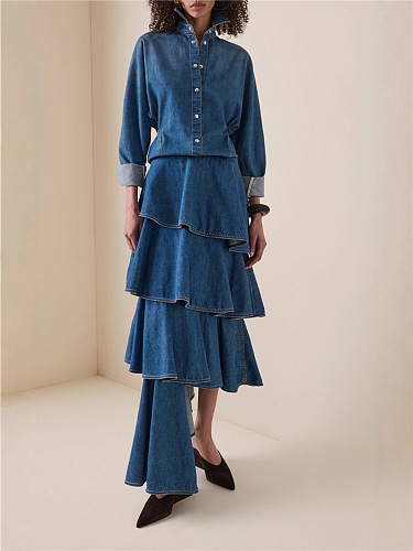 Denim Pleated Skirt Set