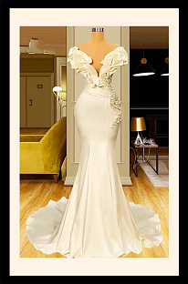Plunging Neck Evening Gown in Off-white