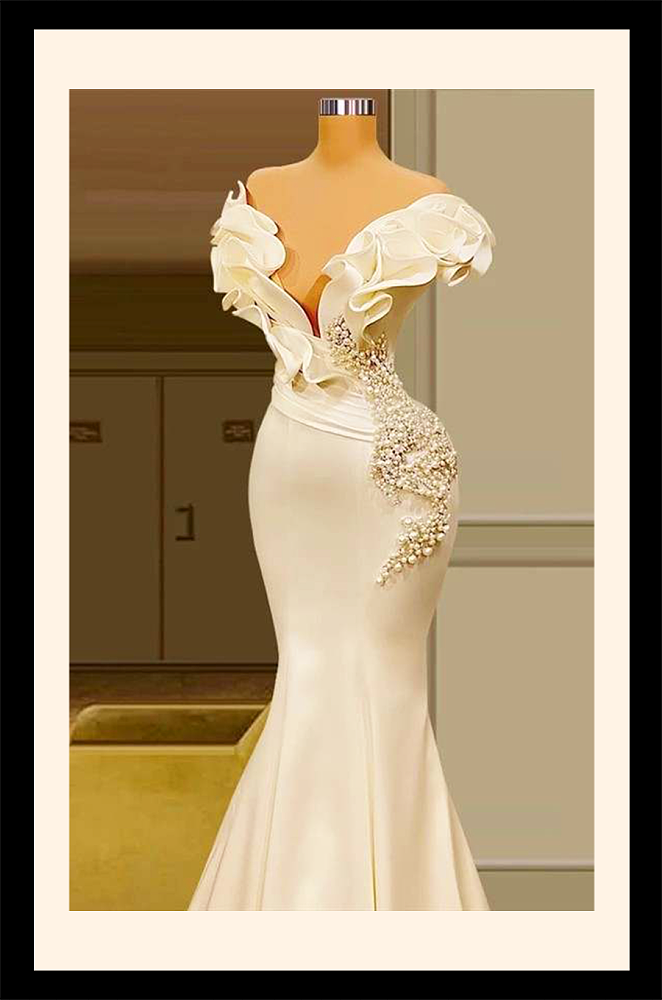 Plunging Neck Evening Gown in Off-white