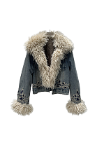 Fur Denim Jacket in Embroidered Details