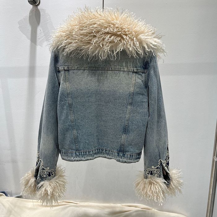 Fur Denim Jacket in Embroidered Details