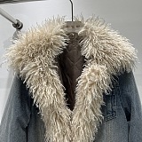 Fur Denim Jacket in Embroidered Details