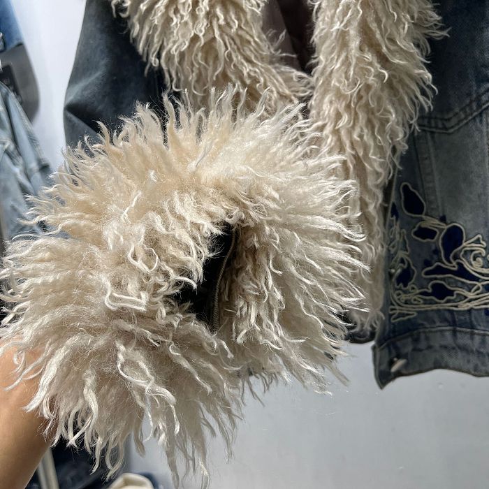 Fur Denim Jacket in Embroidered Details