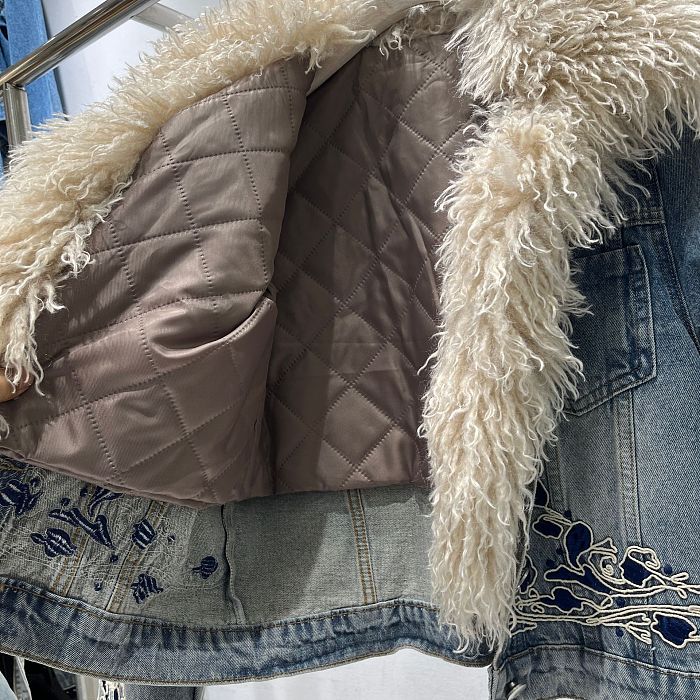 Fur Denim Jacket in Embroidered Details