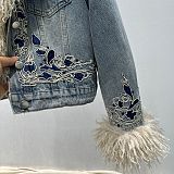 Fur Denim Jacket in Embroidered Details