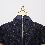 Co-Ord Set with Tweed Embellished Top and Satin Maxi Skirt - Navy