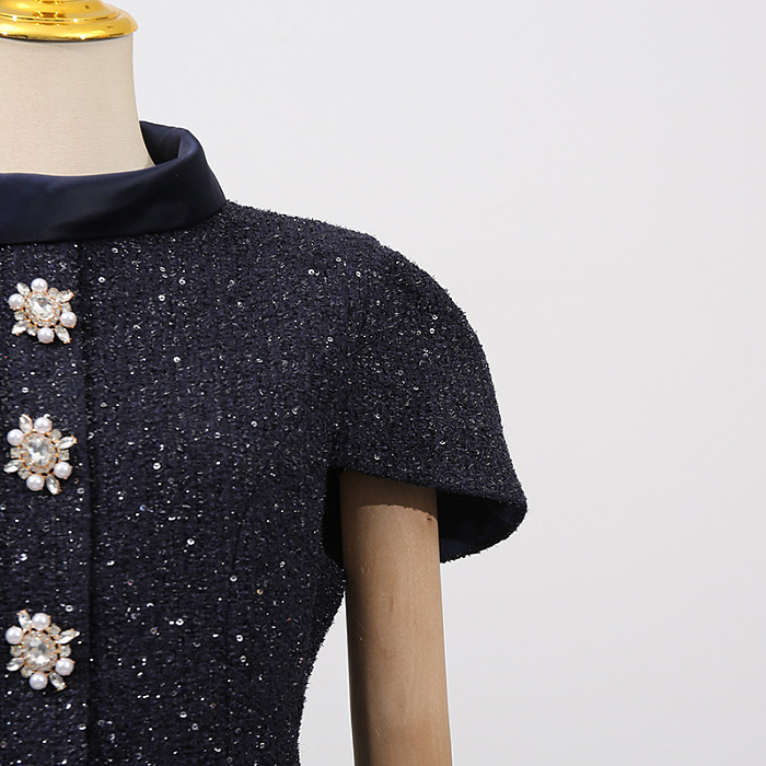 Co-Ord Set with Tweed Embellished Top and Satin Maxi Skirt - Navy