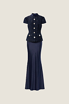 Co-Ord Set with Tweed Embellished Top and Satin Maxi Skirt - Navy