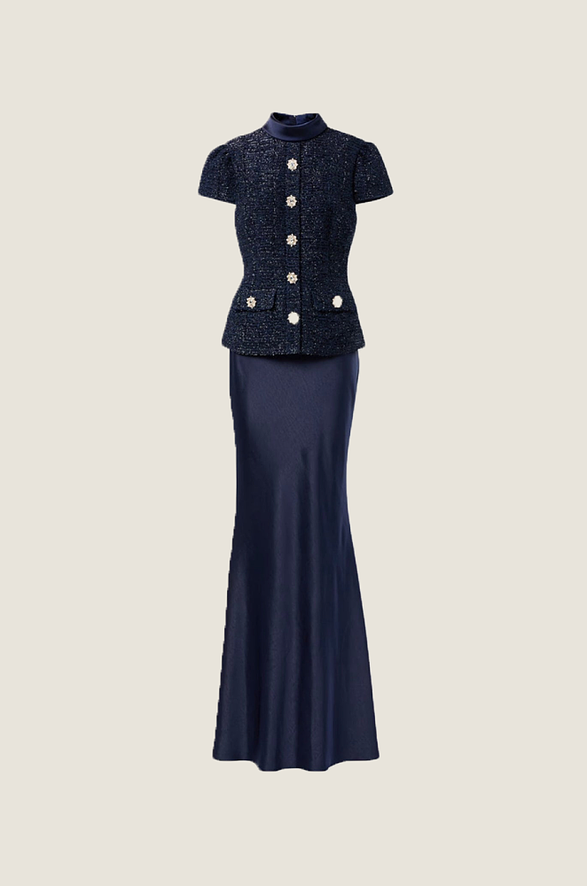 Co-Ord Set with Tweed Embellished Top and Satin Maxi Skirt - Navy