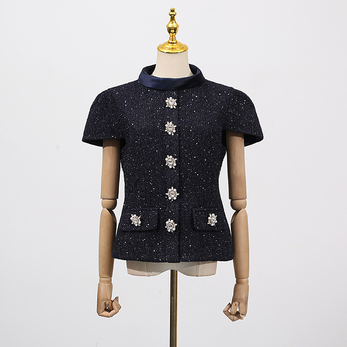Co-Ord Set with Tweed Embellished Top and Satin Maxi Skirt - Navy