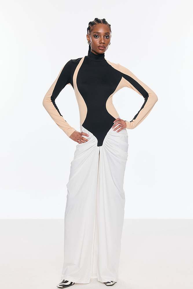 Bent Bodycon Mesh Ruch Split Maxi Dress