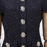 Co-Ord Set with Tweed Embellished Top and Satin Maxi Skirt - Navy