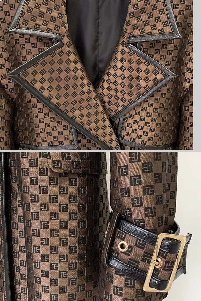 Wide Lapel Trench Coat With Gold Buckle Waist Belt - Brown