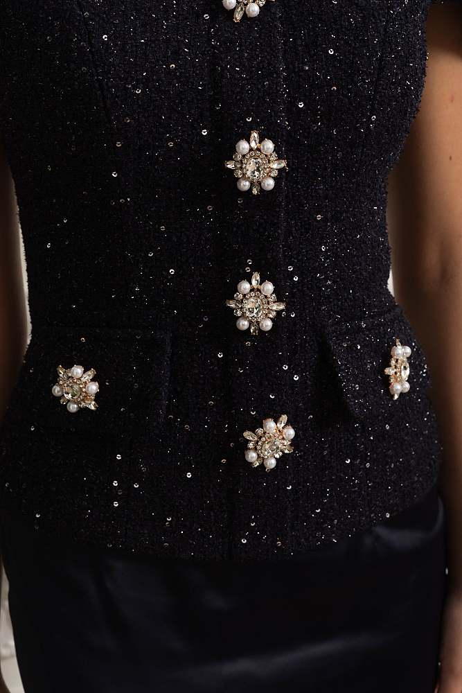 Co-Ord Set with Tweed Embellished Top and Satin Maxi Skirt - Navy