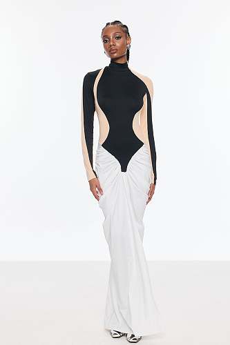 Bent Bodycon Mesh Ruch Split Maxi Dress
