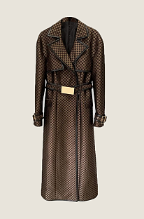 Wide Lapel Trench Coat With Gold Buckle Waist Belt - Brown