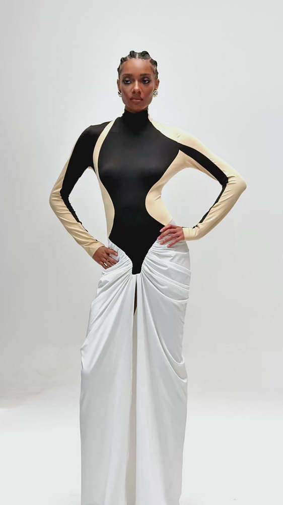 Bent Bodycon Mesh Ruch Split Maxi Dress