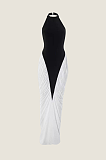 Halter Maxi Dress with Contrasting Ruched Paneling - Black/White
