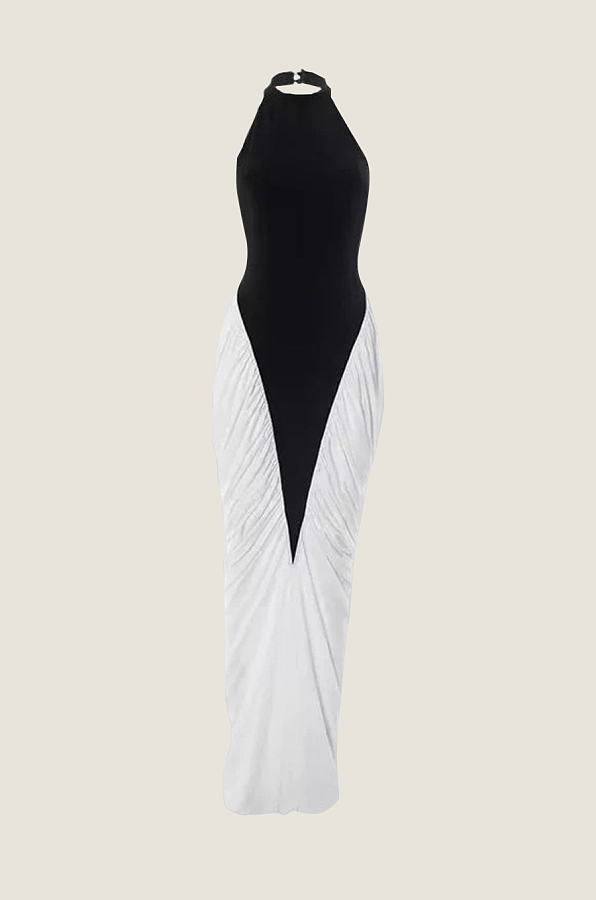 Halter Maxi Dress with Contrasting Ruched Paneling - Black/White