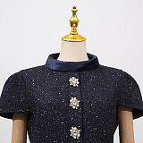 Co-Ord Set with Tweed Embellished Top and Satin Maxi Skirt - Navy