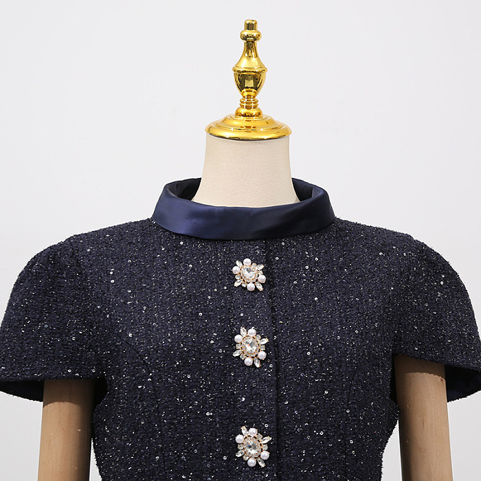 Co-Ord Set with Tweed Embellished Top and Satin Maxi Skirt - Navy
