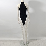 Halter Maxi Dress with Contrasting Ruched Paneling - Black/White