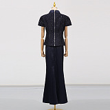 Co-Ord Set with Tweed Embellished Top and Satin Maxi Skirt - Navy