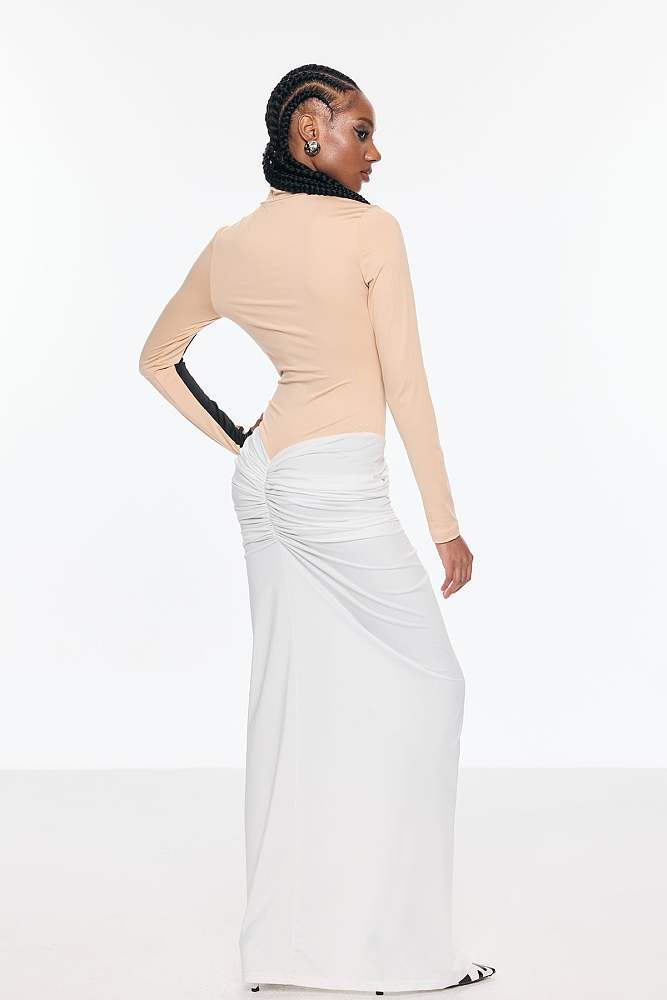 Bent Bodycon Mesh Ruch Split Maxi Dress