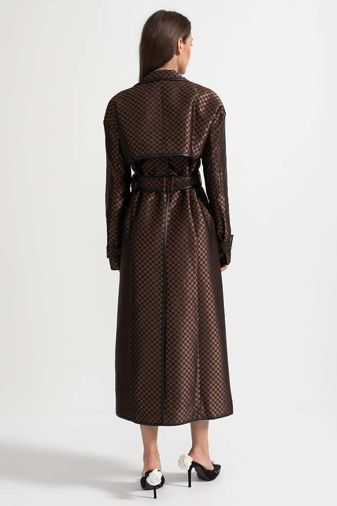 Wide Lapel Trench Coat With Gold Buckle Waist Belt - Brown